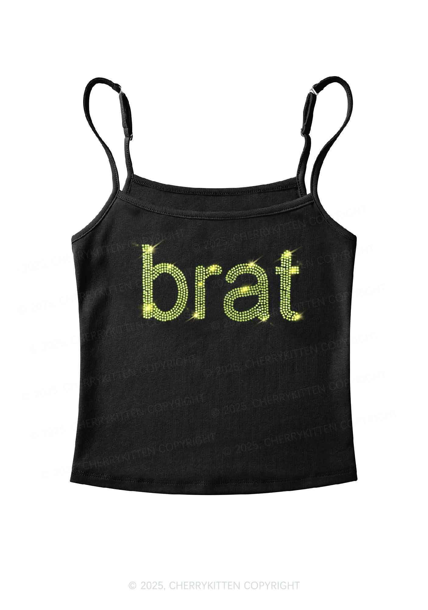 Rhinestone Green Brat Y2K Spaghetti Strap Cami Cherrykitten