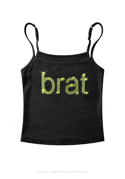 Rhinestone Green Brat Y2K Spaghetti Strap Cami Cherrykitten