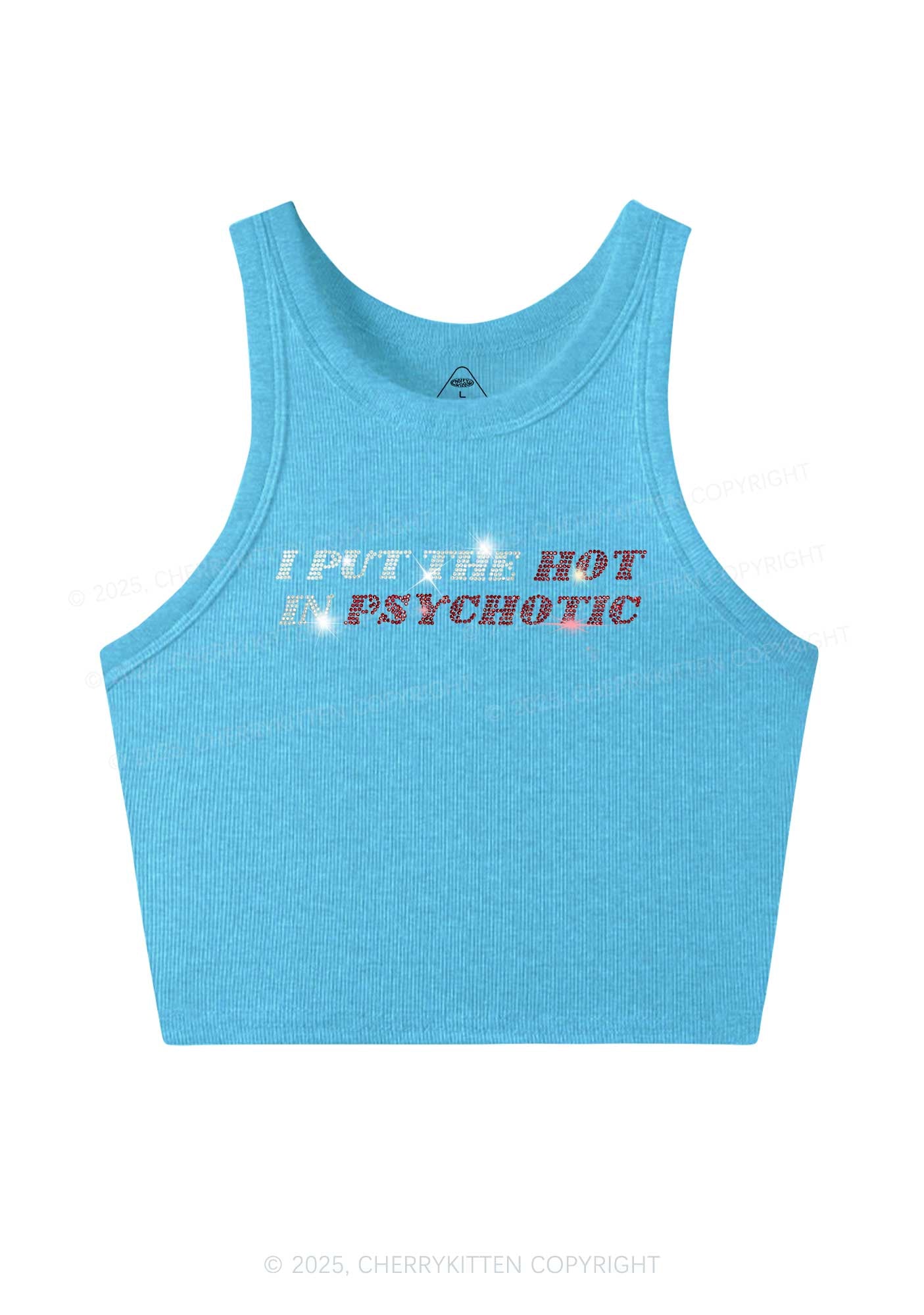 Rhinestone I Put The Hot In Psychotic Y2K Crop Tank Top Cherrykitten
