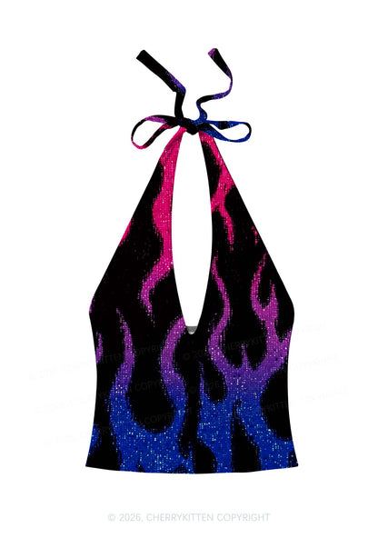 Bisexual Flame Pride Y2K Print Halter Deep V Neck Cami Cherrykitten