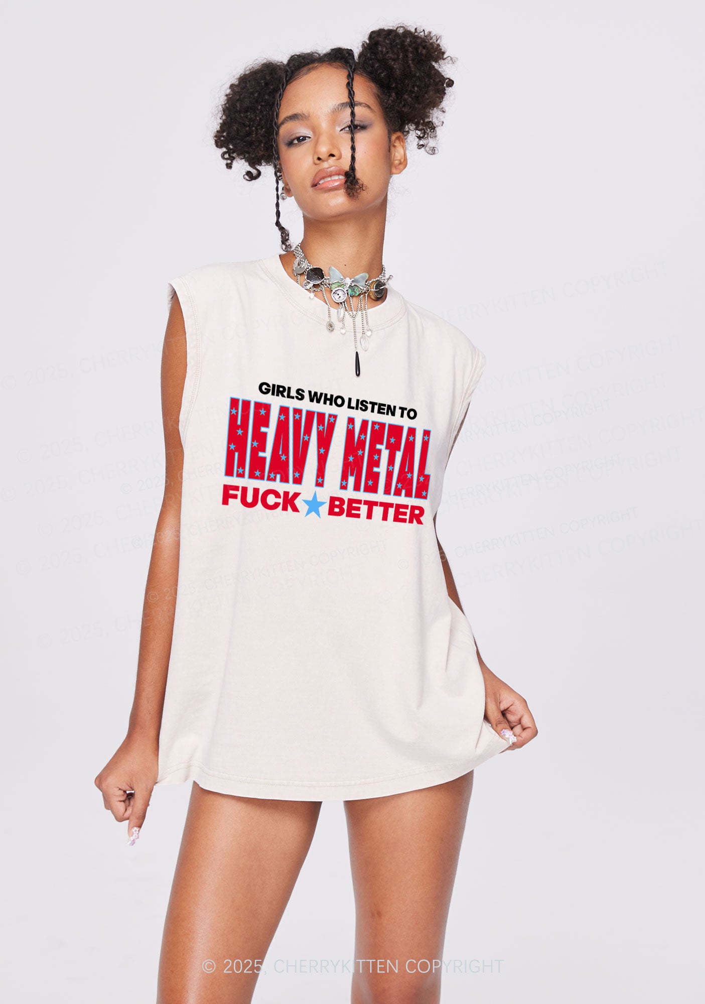 Girls Listen Heavy Metal Y2K Washed Muscle Tank Cherrykitten