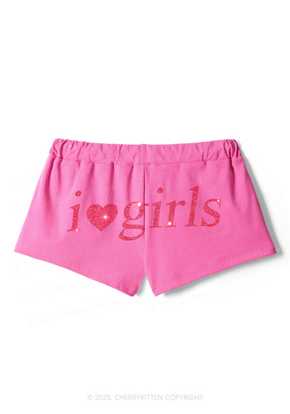 Rhinestone I Love Girls Y2K Drawstring Mini Shorts Cherrykitten