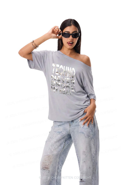 Techno Broke Heart Silver Foil Printed Y2K Off Shoulder Tee Cherrykitten