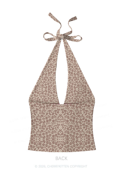 Pink Delusional Leopard Y2K Print Halter Deep V Neck Cami Cherrykitten
