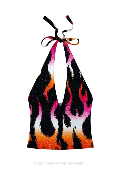 Lesbian Flame Pride Y2K Print Halter Deep V Neck Cami Cherrykitten