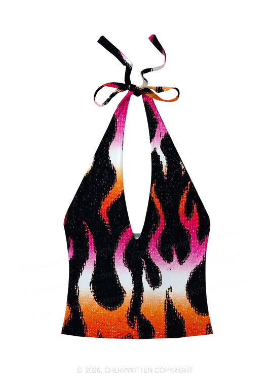 Lesbian Flame Pride Y2K Print Halter Deep V Neck Cami Cherrykitten