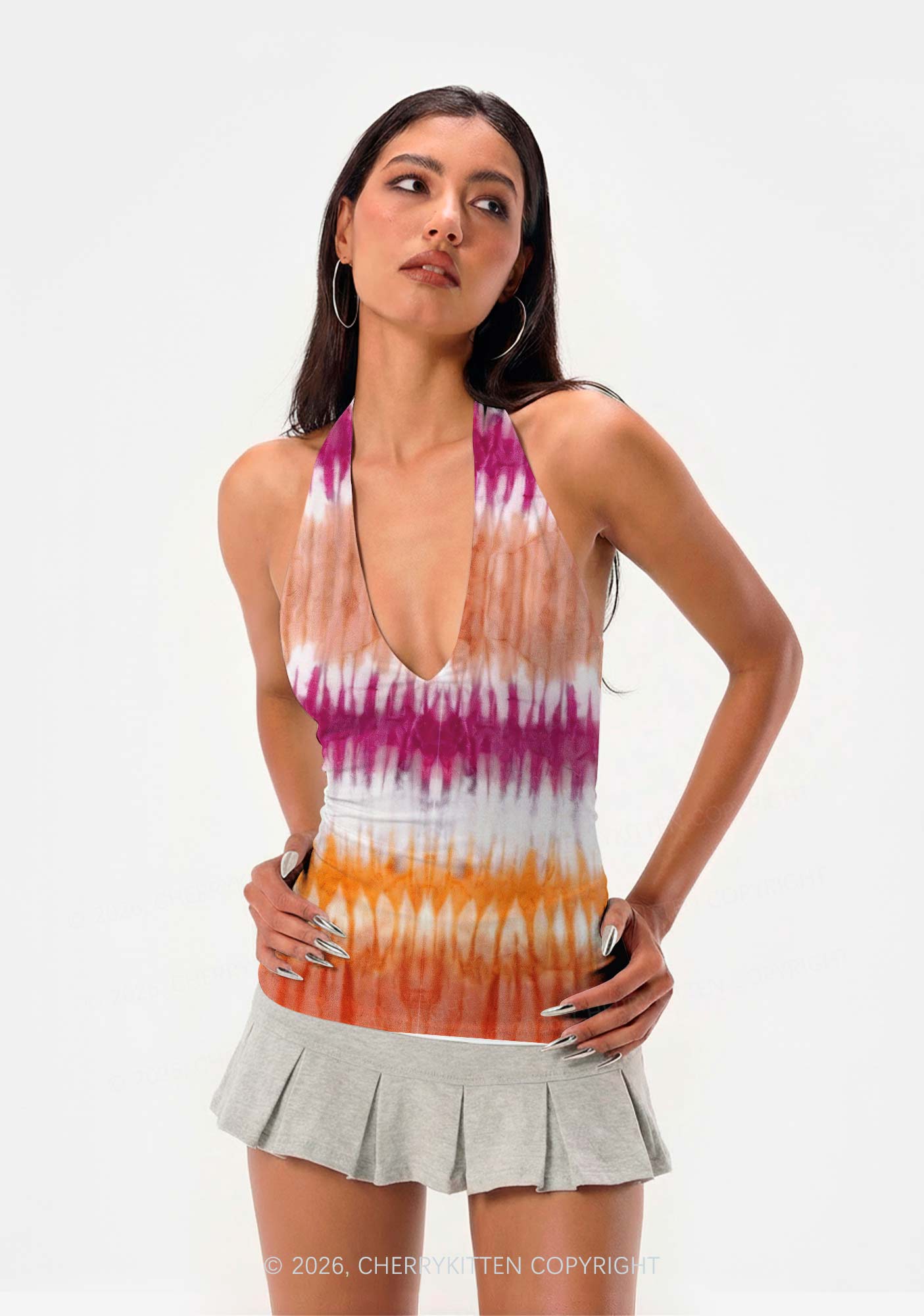 Lesbian Tie Dye Pride Y2K Print Halter Deep V Neck Cami Cherrykitten