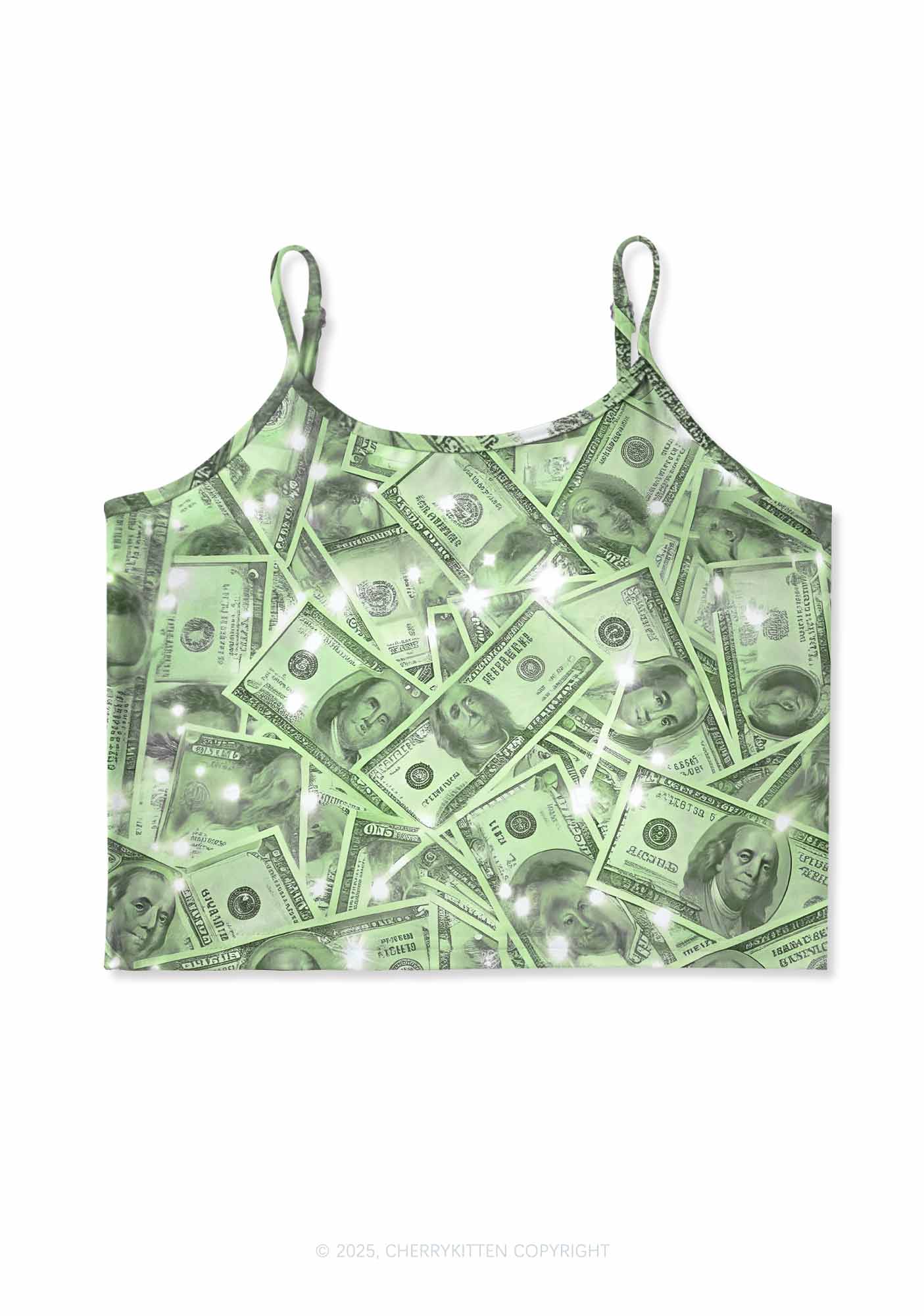 Green Shiny Money Y2K Print Cami Crop Top Cherrykitten