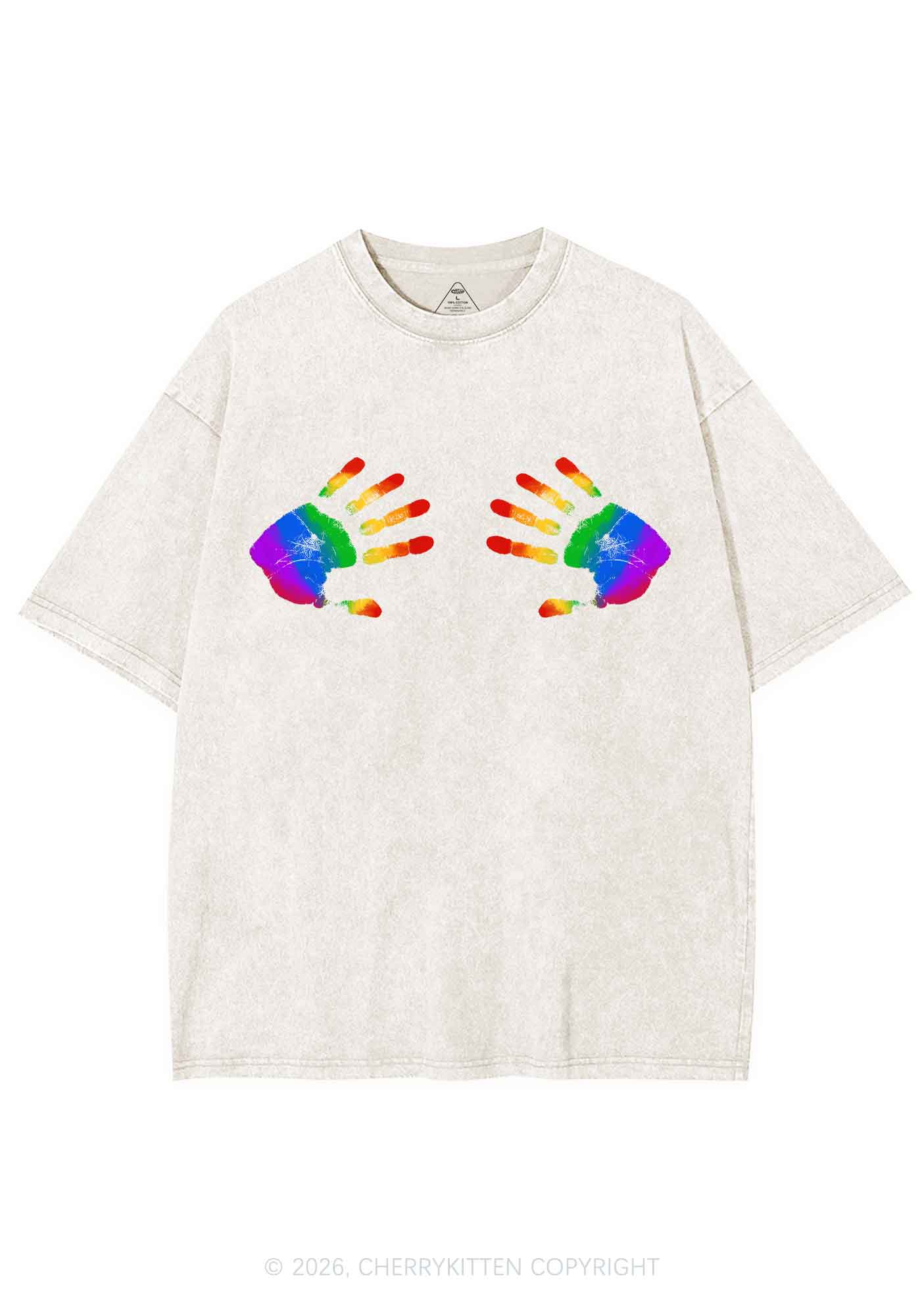 Rainbow Handprint Pride Y2K Shirts Washed Tee Cherrykitten