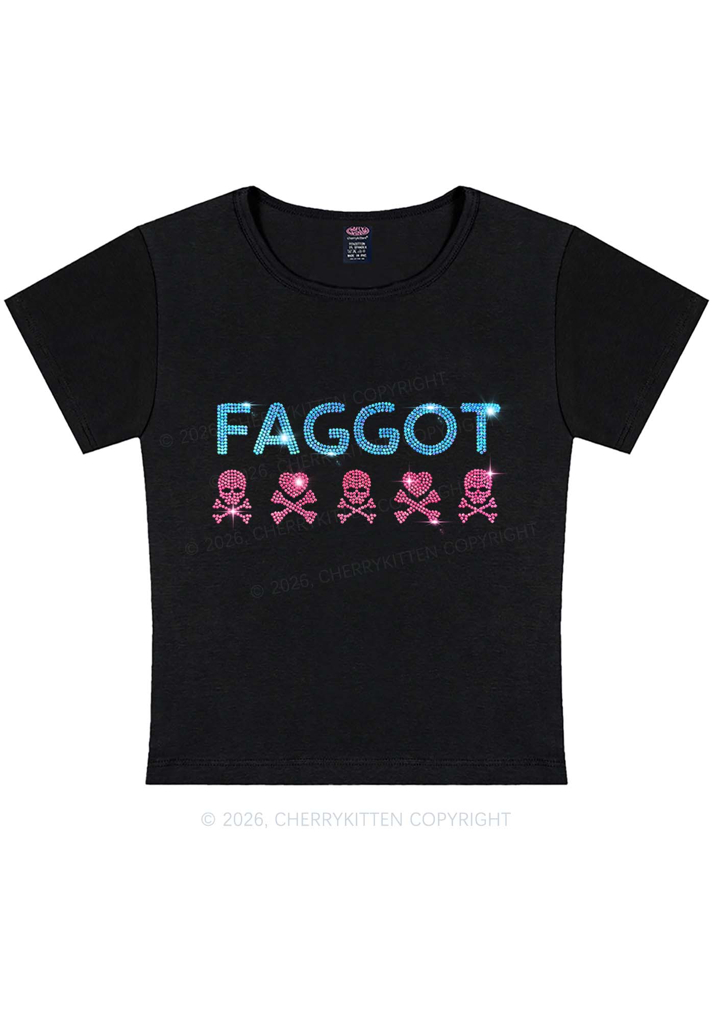 Rhinestone Faggot Skull Pride Y2K Baby Tee Cherrykitten