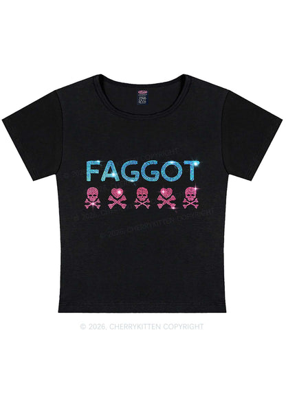 Rhinestone Faggot Skull Pride Y2K Baby Tee Cherrykitten