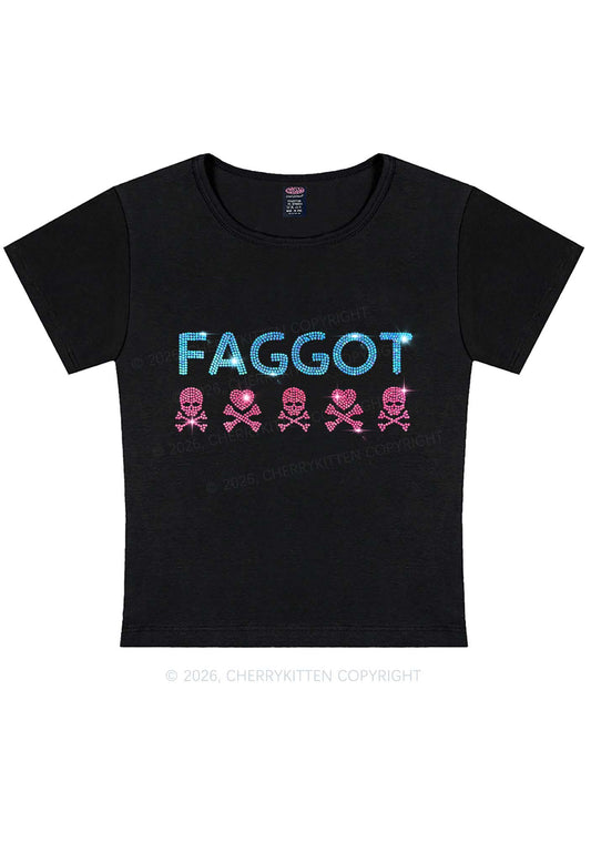 Rhinestone Faggot Skull Pride Y2K Baby Tee Cherrykitten