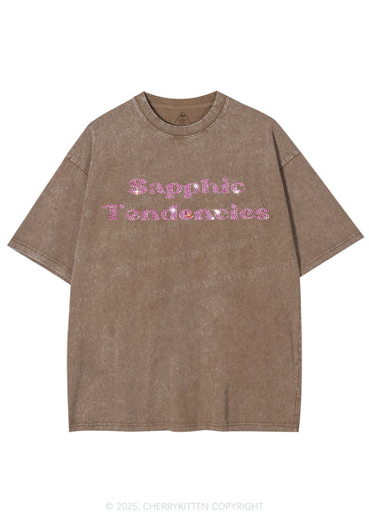 Rhinestone Sapphic Tendencies Pride Y2K Shirts Washed Tee Cherrykitten