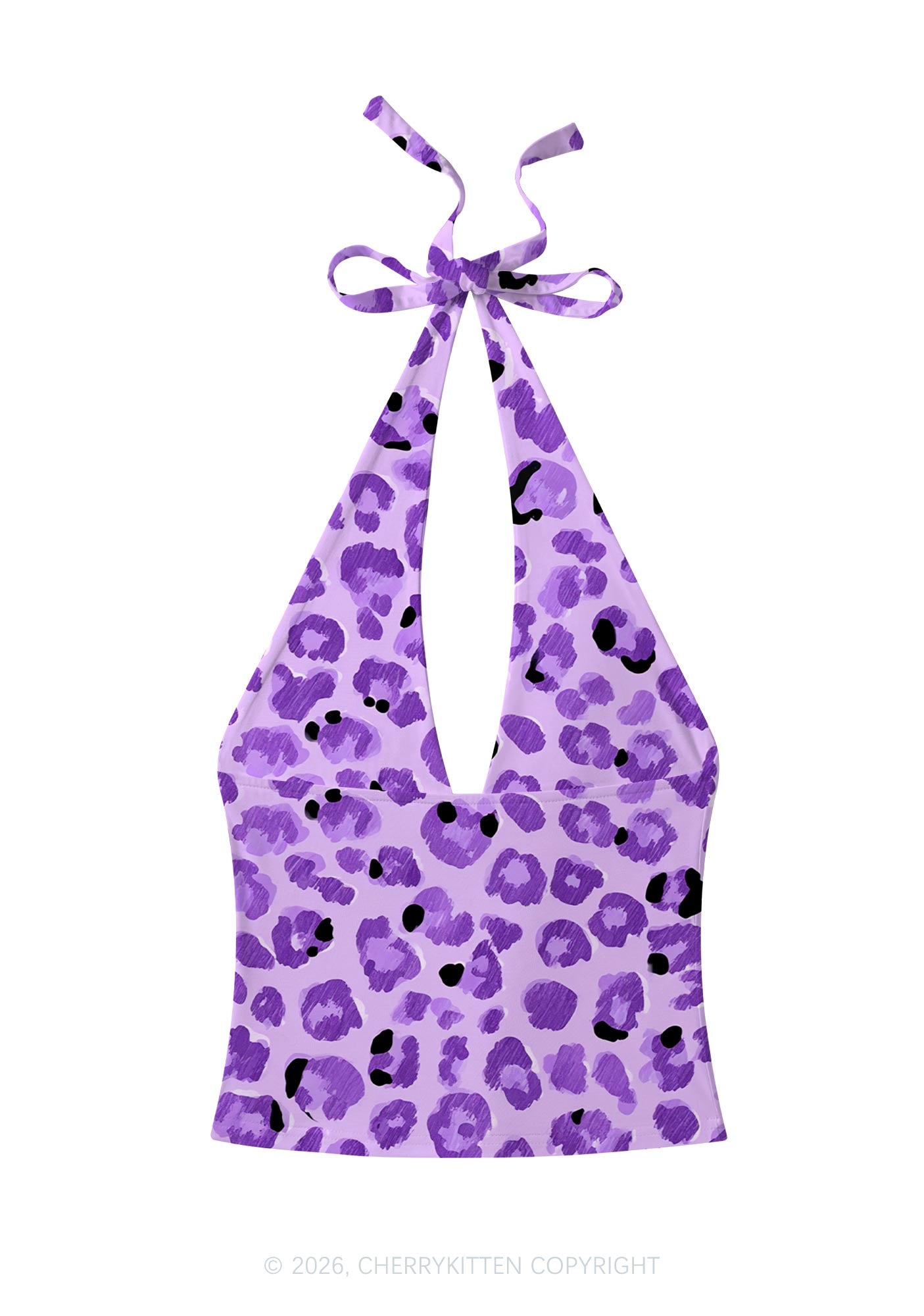 Purple Leopard Y2K Print Halter Deep V Neck Cami Cherrykitten