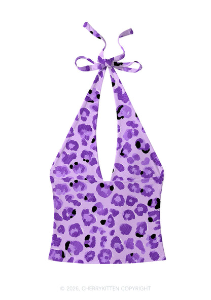 Purple Leopard Y2K Print Halter Deep V Neck Cami Cherrykitten