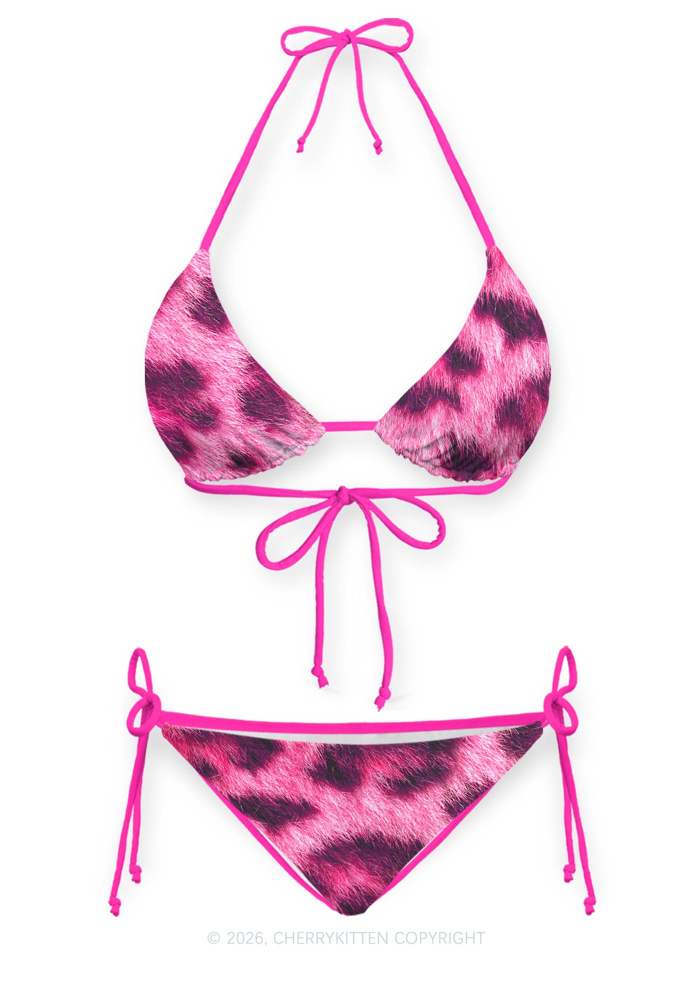 Hot Pink Fuzzy Leopard Y2K Print Bikini Set Cherrykitten