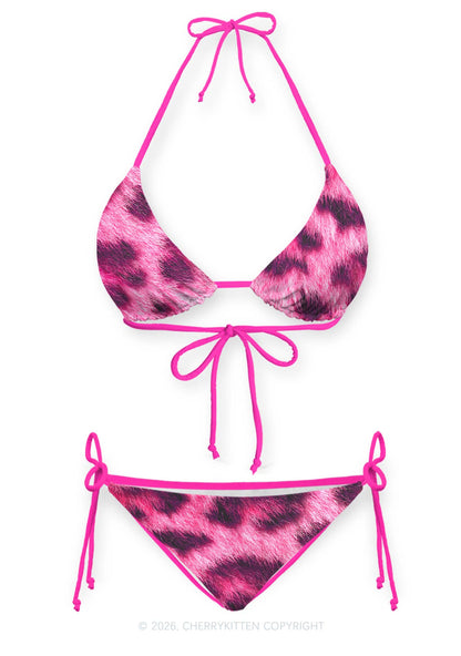 Hot Pink Fuzzy Leopard Y2K Print Bikini Set Cherrykitten