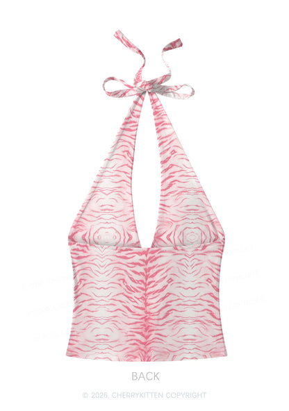 Pink Tiger Stripe Y2K Print Halter Deep V Neck Cami Cherrykitten