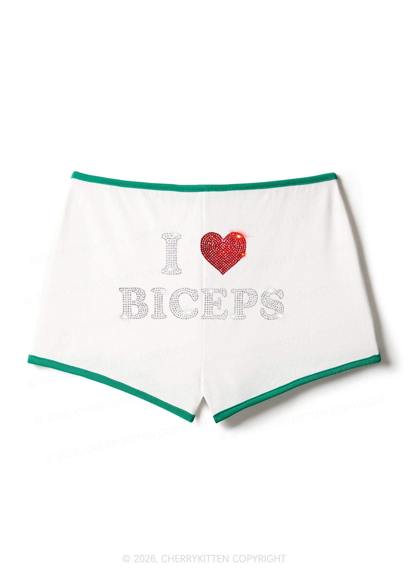 Rhinestone I Love Biceps Y2K Booty Shorts Cherrykitten