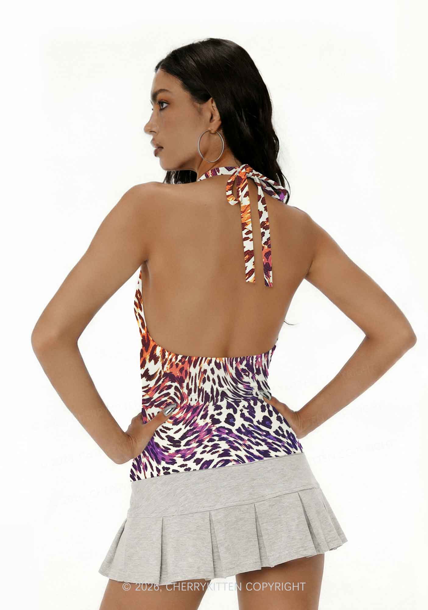 Lesbian Leopard Pride Y2K Print Halter Deep V Neck Cami Cherrykitten
