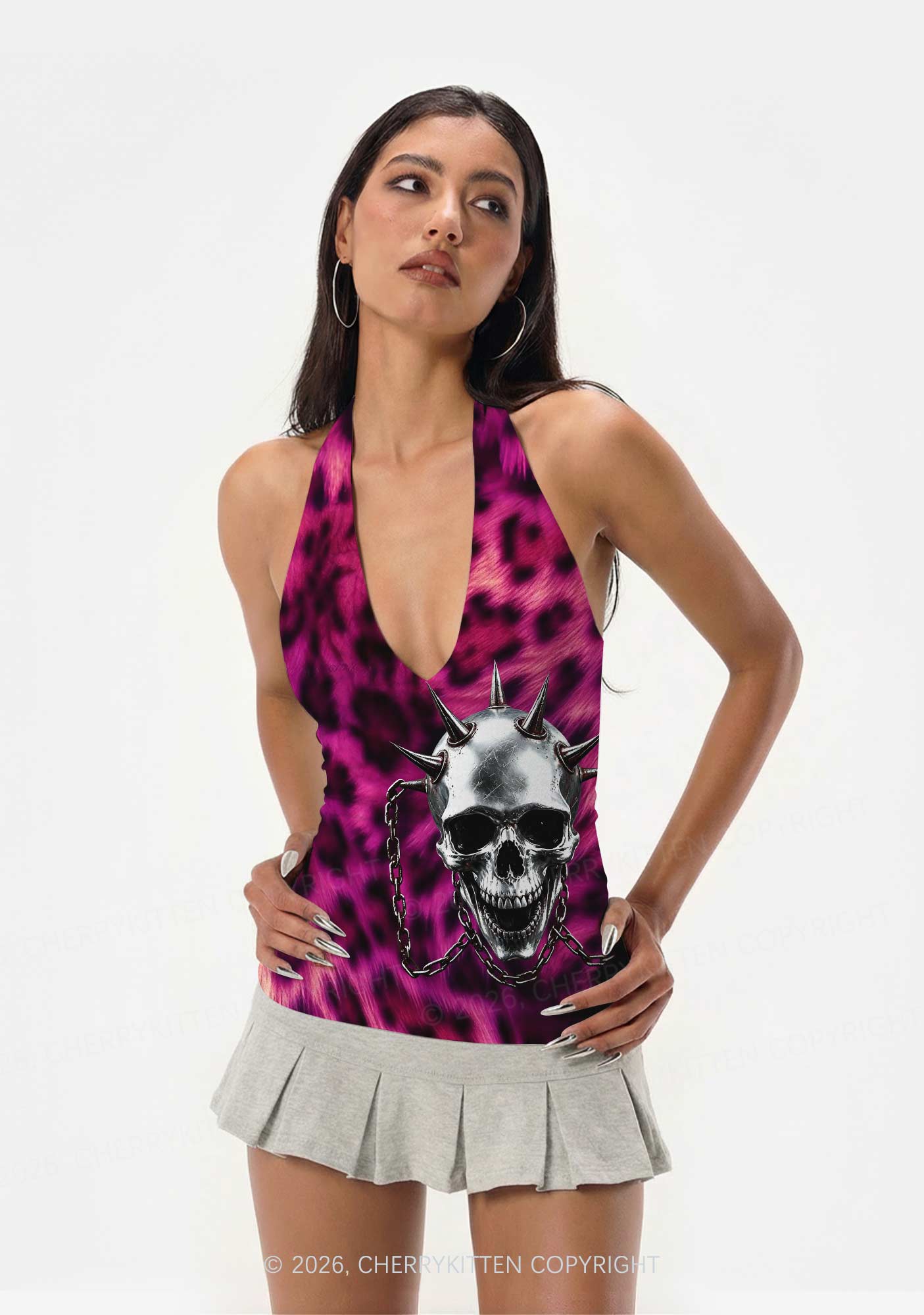 Halloween Spiked Skull Leopard Y2K Print Halter Deep V Neck Cami Cherrykitten