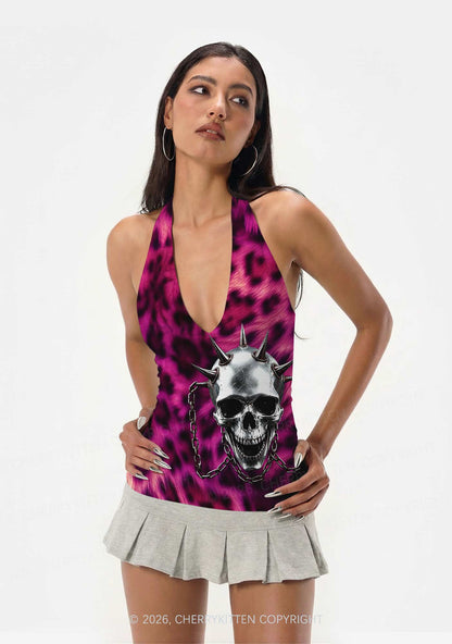 Halloween Spiked Skull Leopard Y2K Print Halter Deep V Neck Cami Cherrykitten