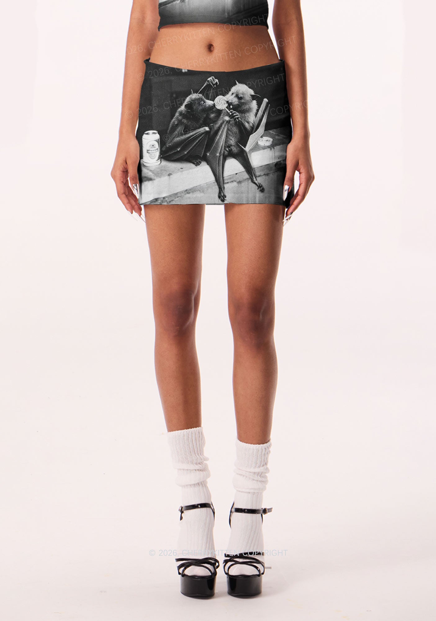 Halloween Lollipop Bat Y2K Print Mini Skirt Cherrykitten
