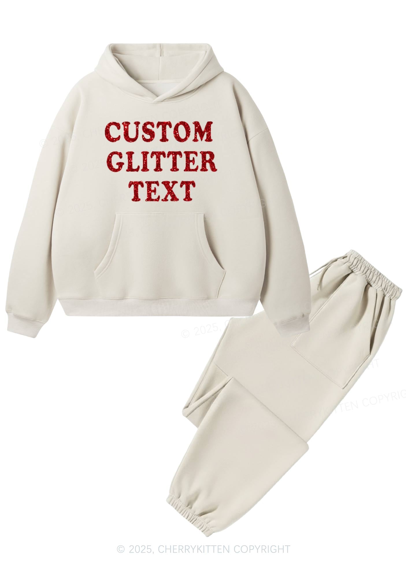 Custom Text Glitter Y2K Fleece Hoodie Set Cherrykitten