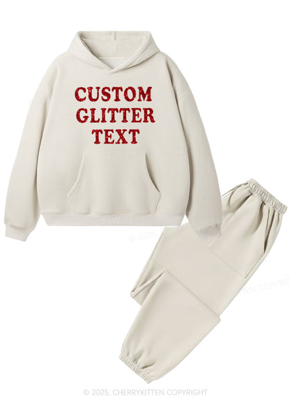 Custom Text Glitter Y2K Fleece Hoodie Set Cherrykitten