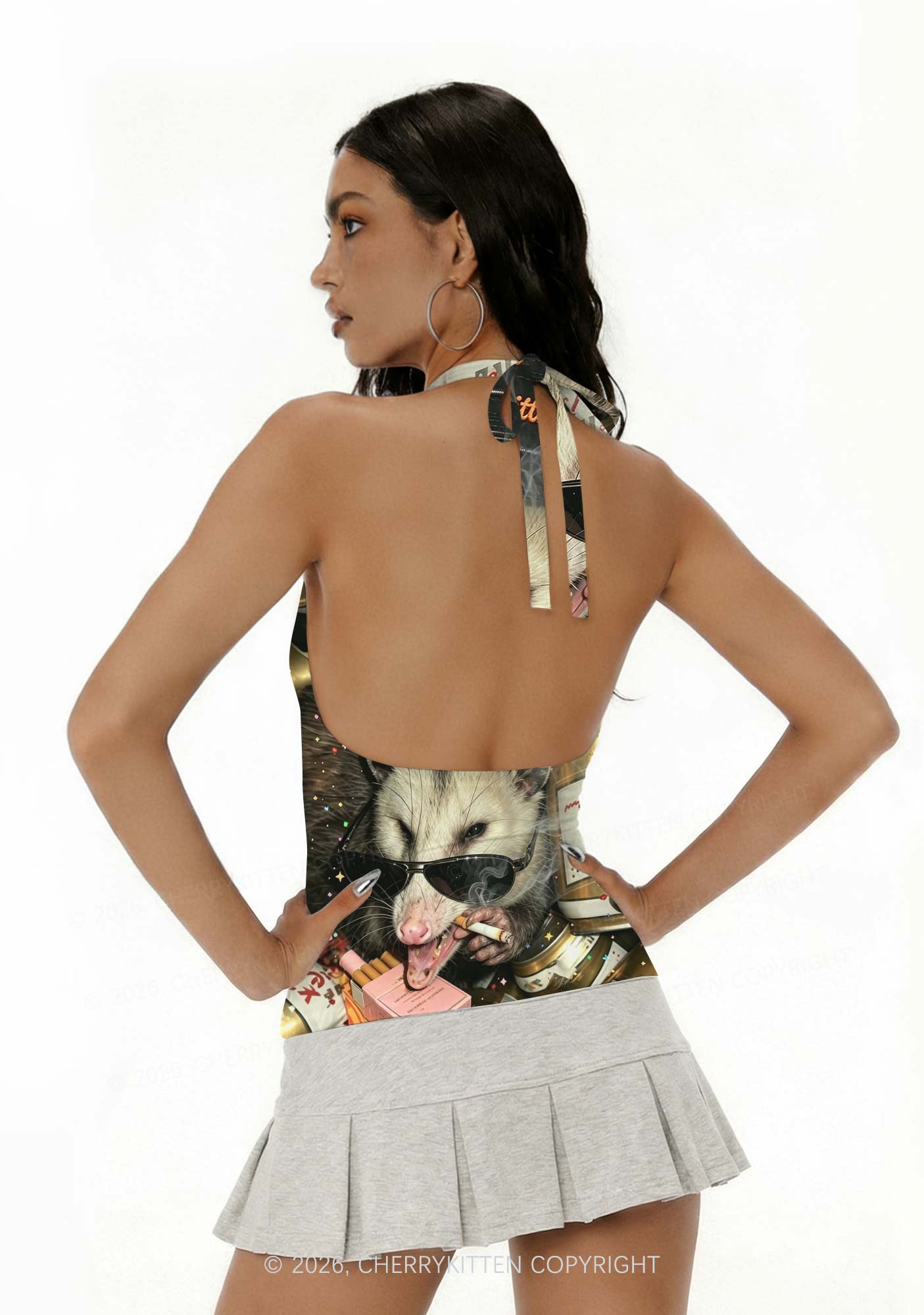 Smoking Opossum Y2K Print Halter Deep V Neck Cami Cherrykitten