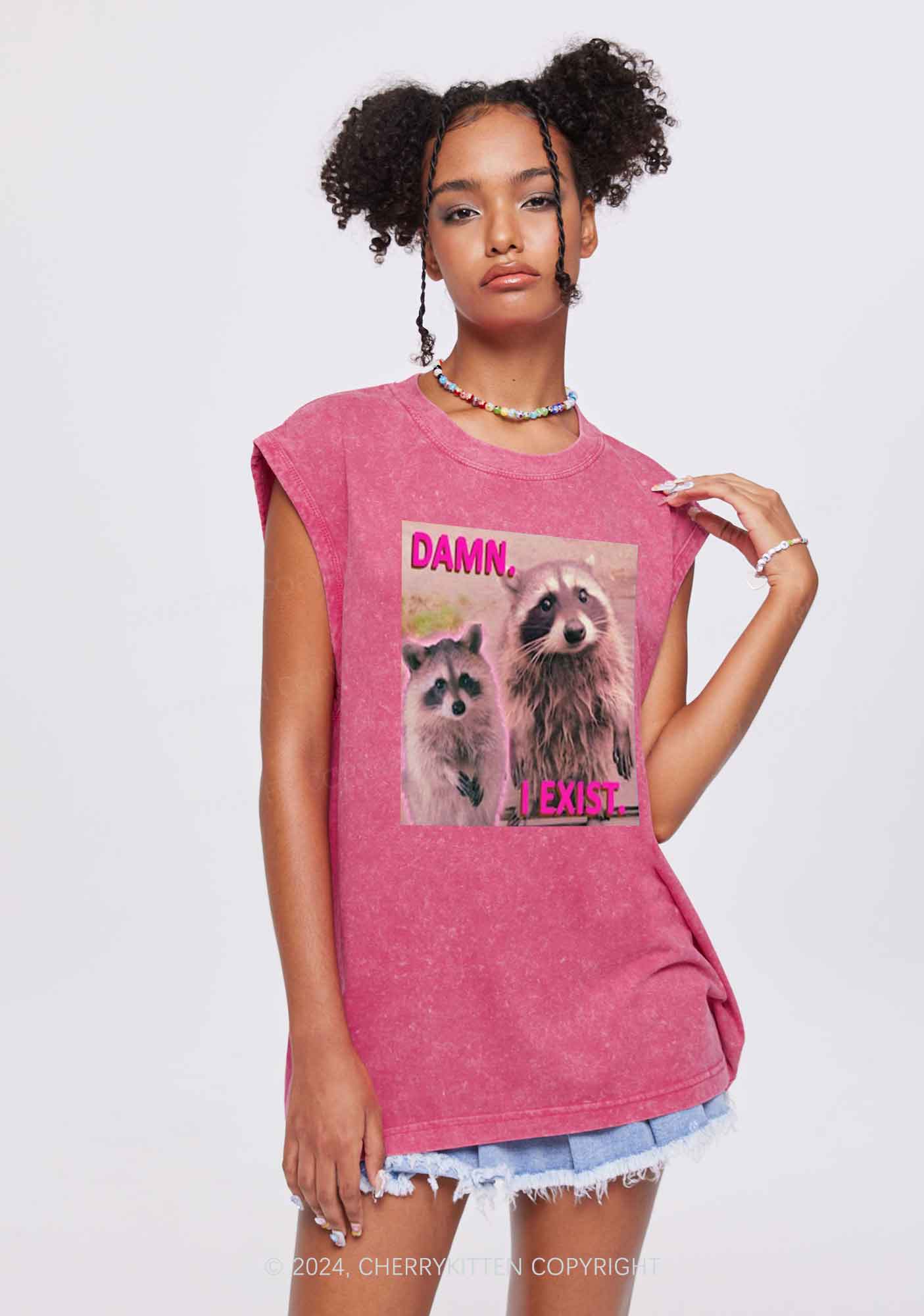 Raccoon I Exist Y2K Washed Tank Cherrykitten