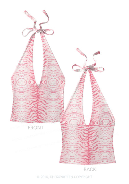 Pink Tiger Stripe Y2K Print Halter Deep V Neck Cami Cherrykitten