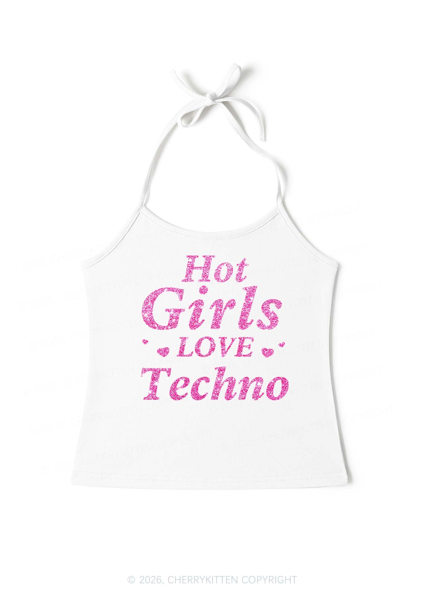 Glitter Hot Girls Love Techno Y2K Halter Neck Cami Cherrykitten
