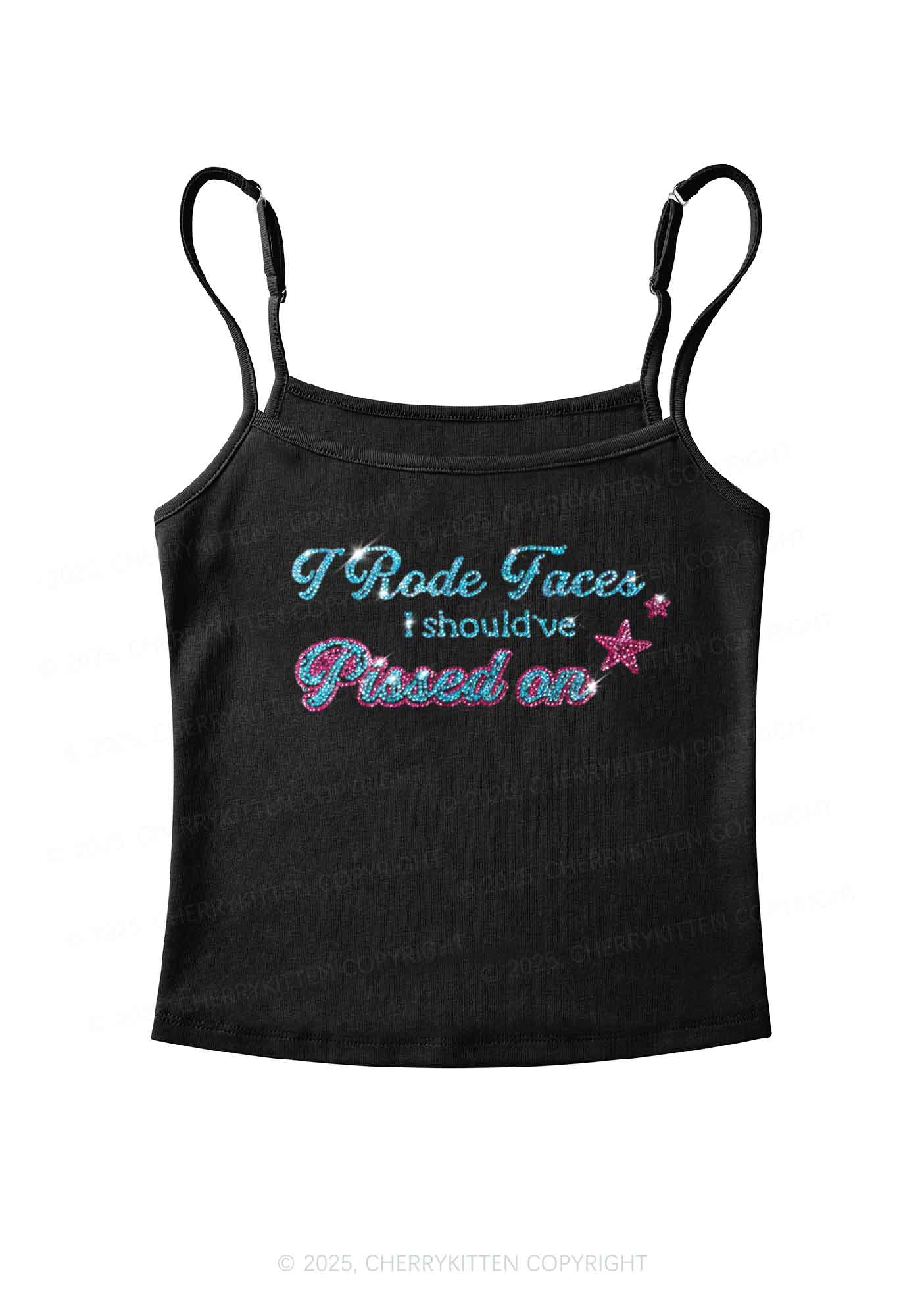 Rhinestone I Rode Faces Y2K Spaghetti Strap Cami Cherrykitten
