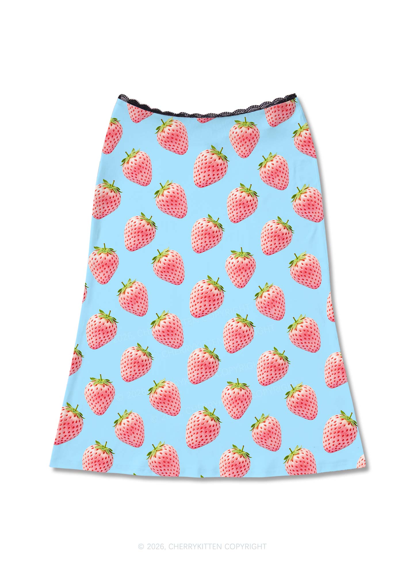 Pastel Pink Strawberry Y2K Print Midi Skirt Cherrykitten