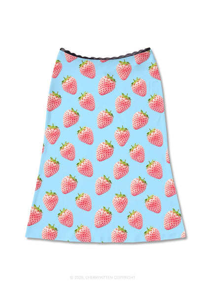 Pastel Pink Strawberry Y2K Print Midi Skirt Cherrykitten