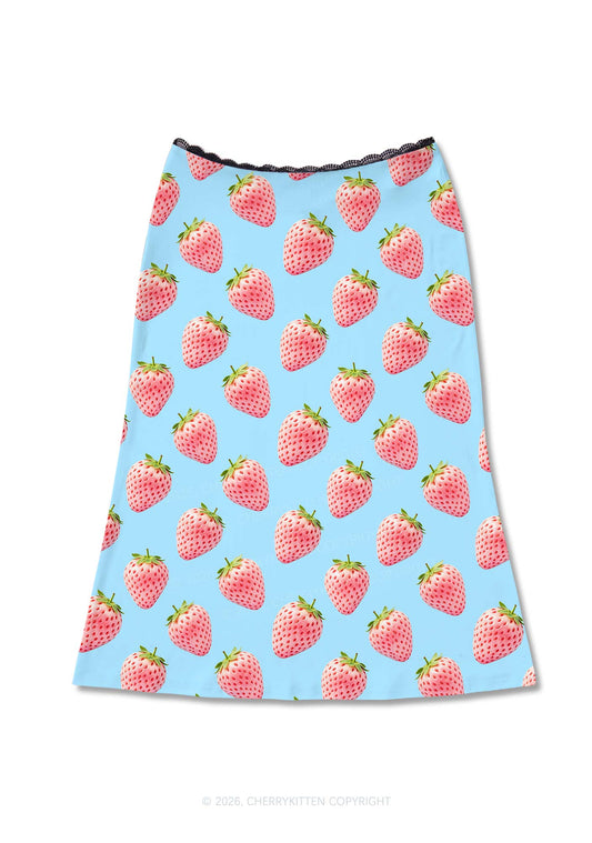 Pastel Pink Strawberry Y2K Print Midi Skirt Cherrykitten