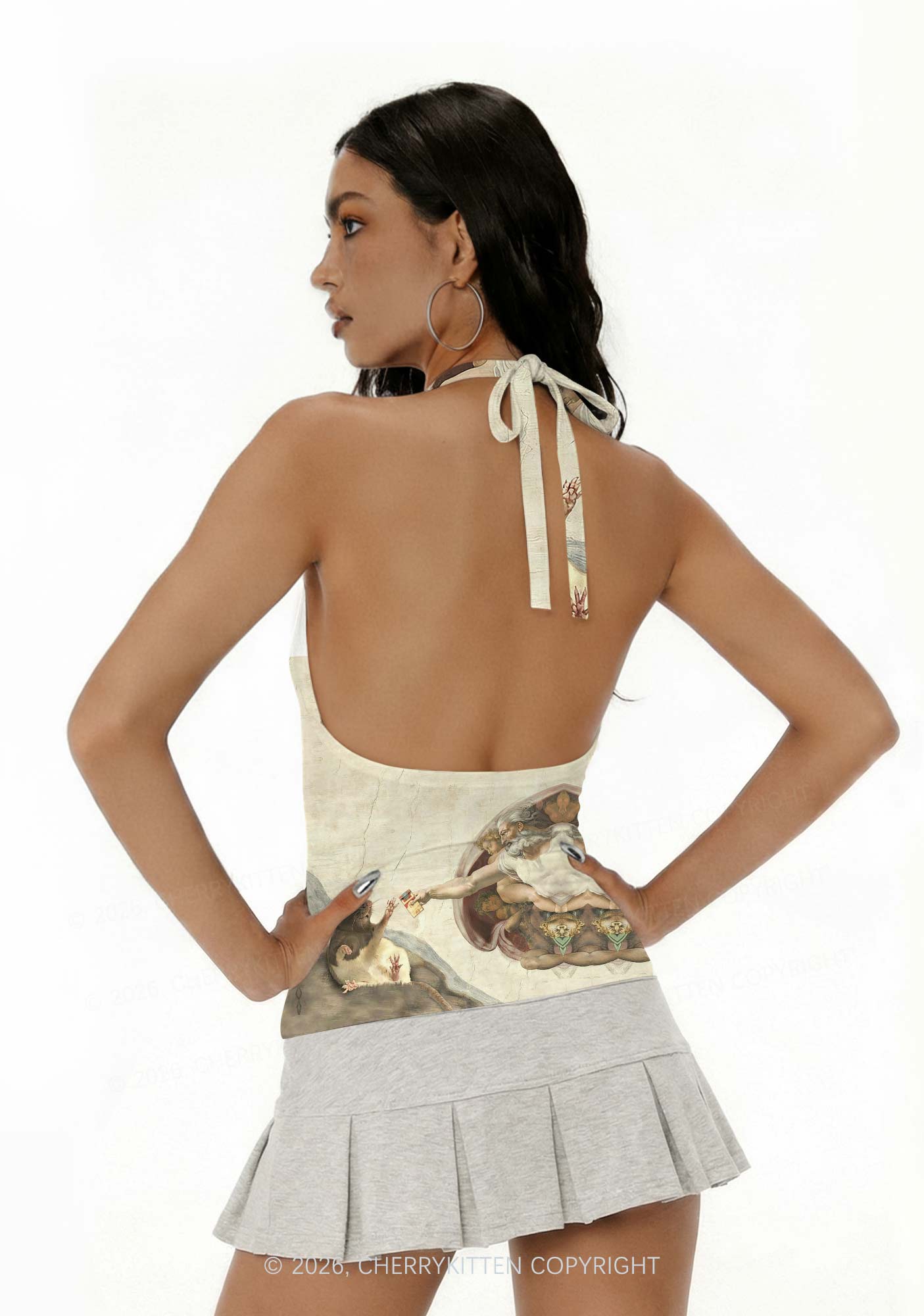 God And Rat Y2K Print Halter Deep V Neck Cami Cherrykitten