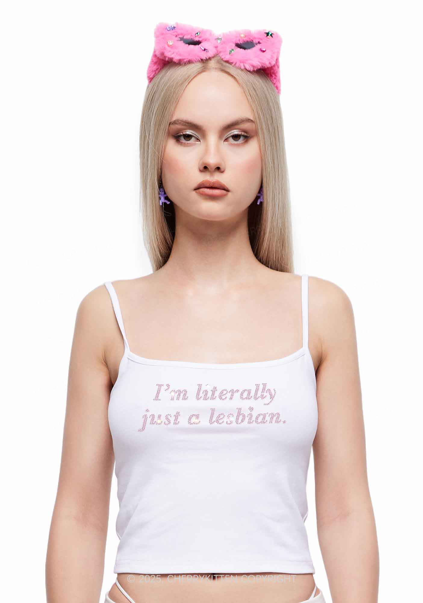 Rhinestone Literally Just A Lesbian Pride Y2K Spaghetti Strap Cami Cherrykitten