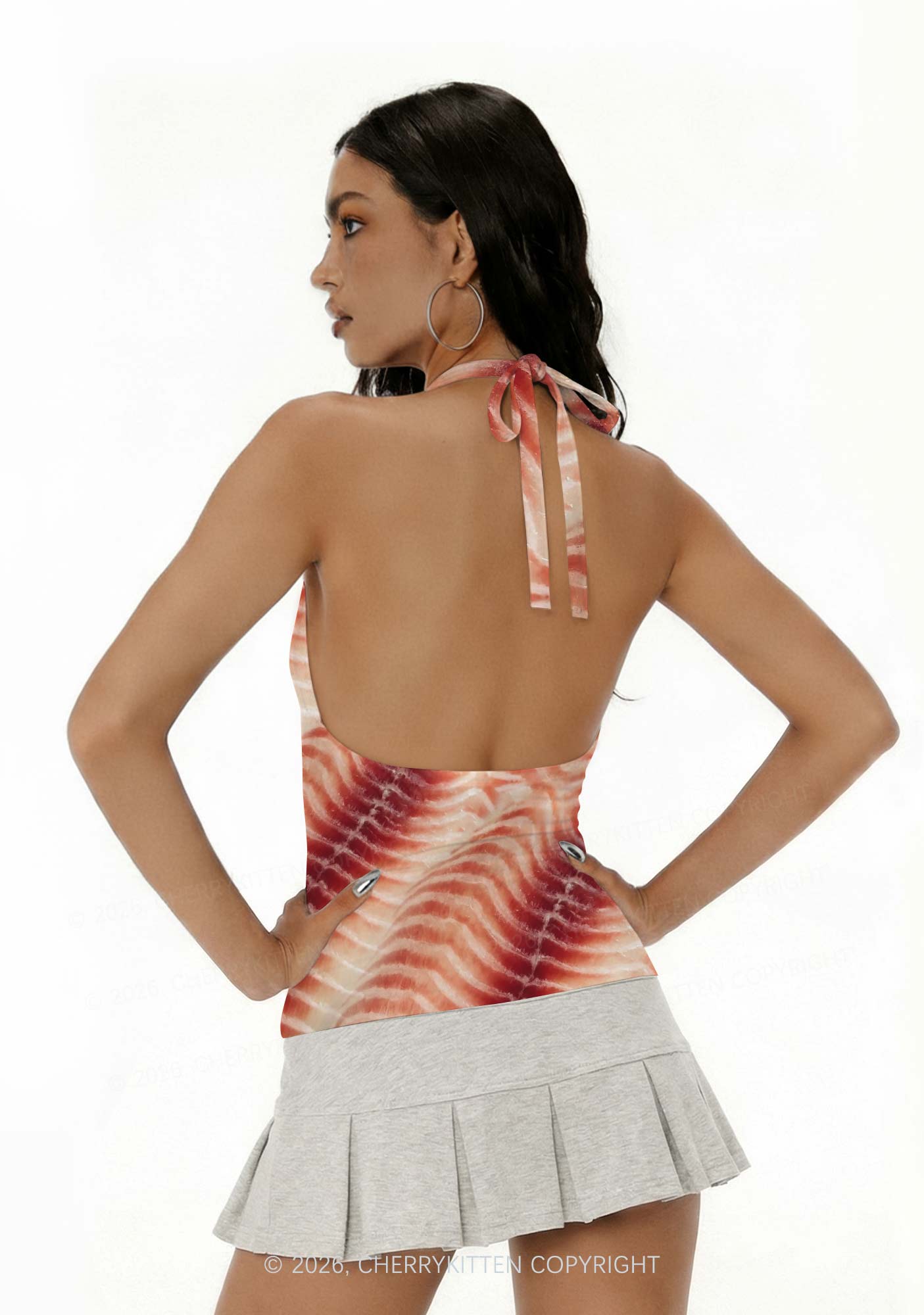 Pork Belly Texture Y2K Print Halter Deep V Neck Cami Cherrykitten