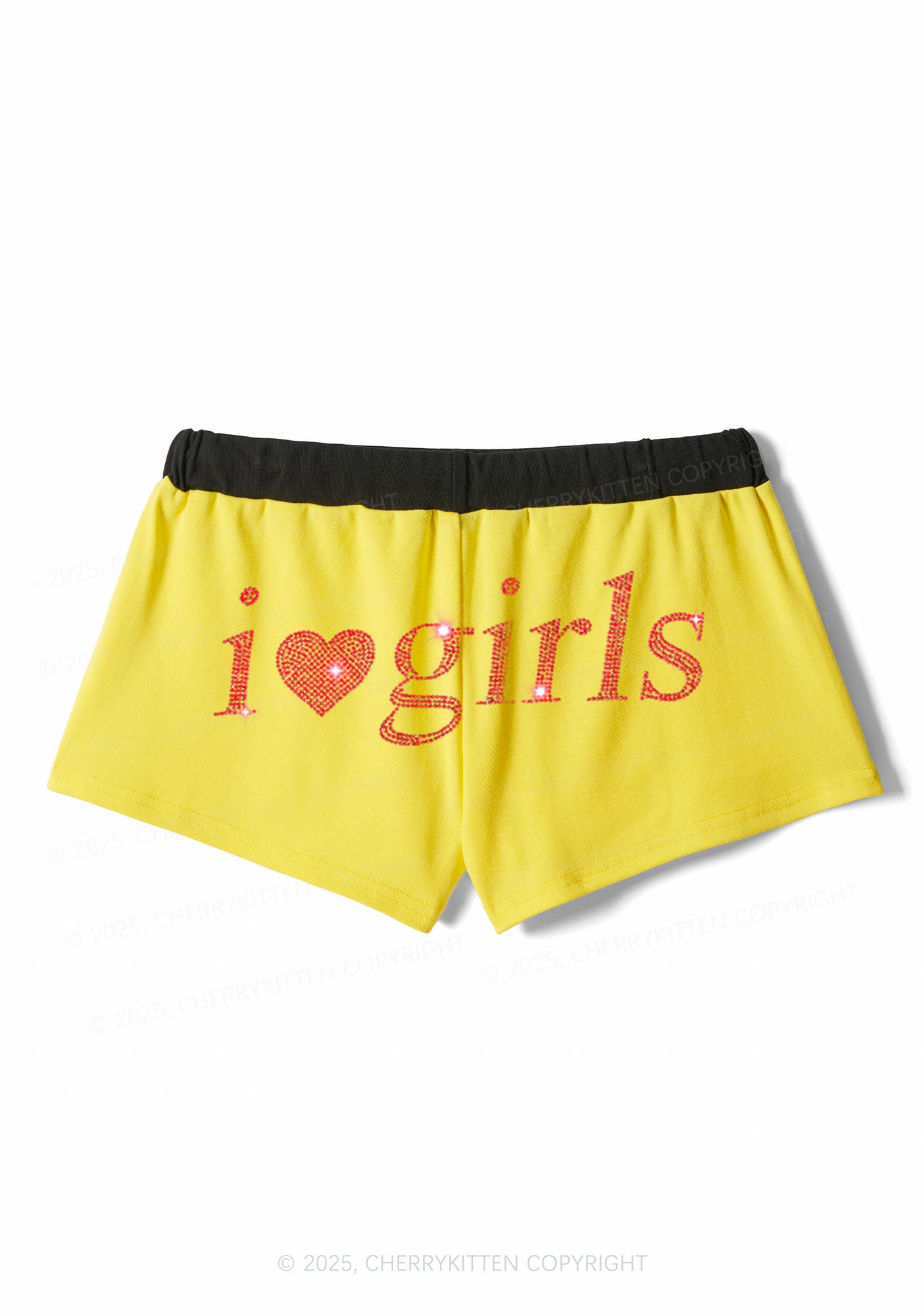 Rhinestone I Love Girls Y2K Drawstring Mini Shorts Cherrykitten