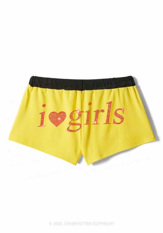 Rhinestone I Love Girls Y2K Drawstring Mini Shorts Cherrykitten