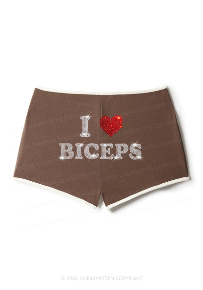 Rhinestone I Love Biceps Y2K Booty Shorts Cherrykitten