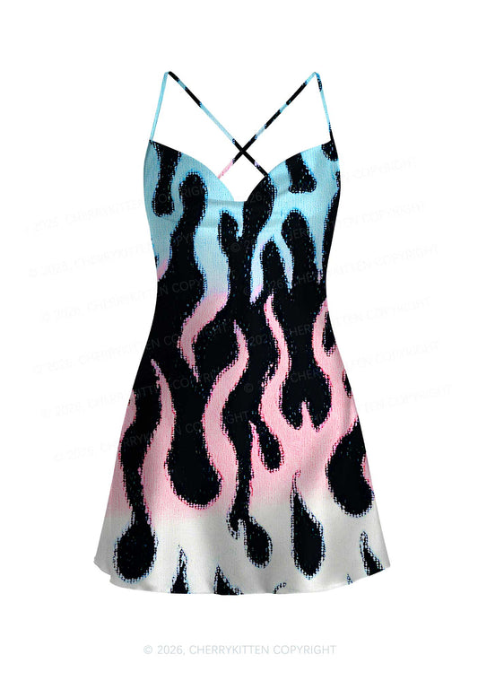 Trans Flame Pride Y2K Print Satin Cowl Neck Slip Dress Cherrykitten