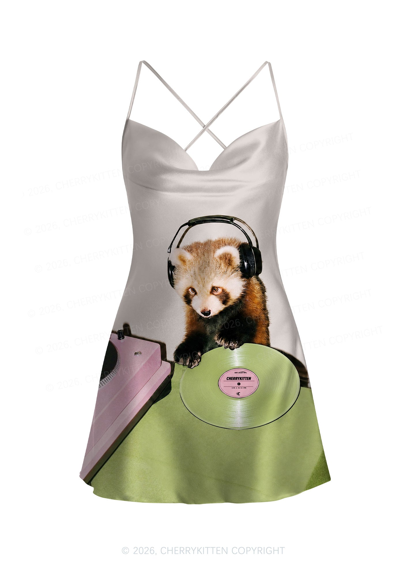 Red Panda DJ Y2K Print Satin Cowl Neck Slip Dress Cherrykitten