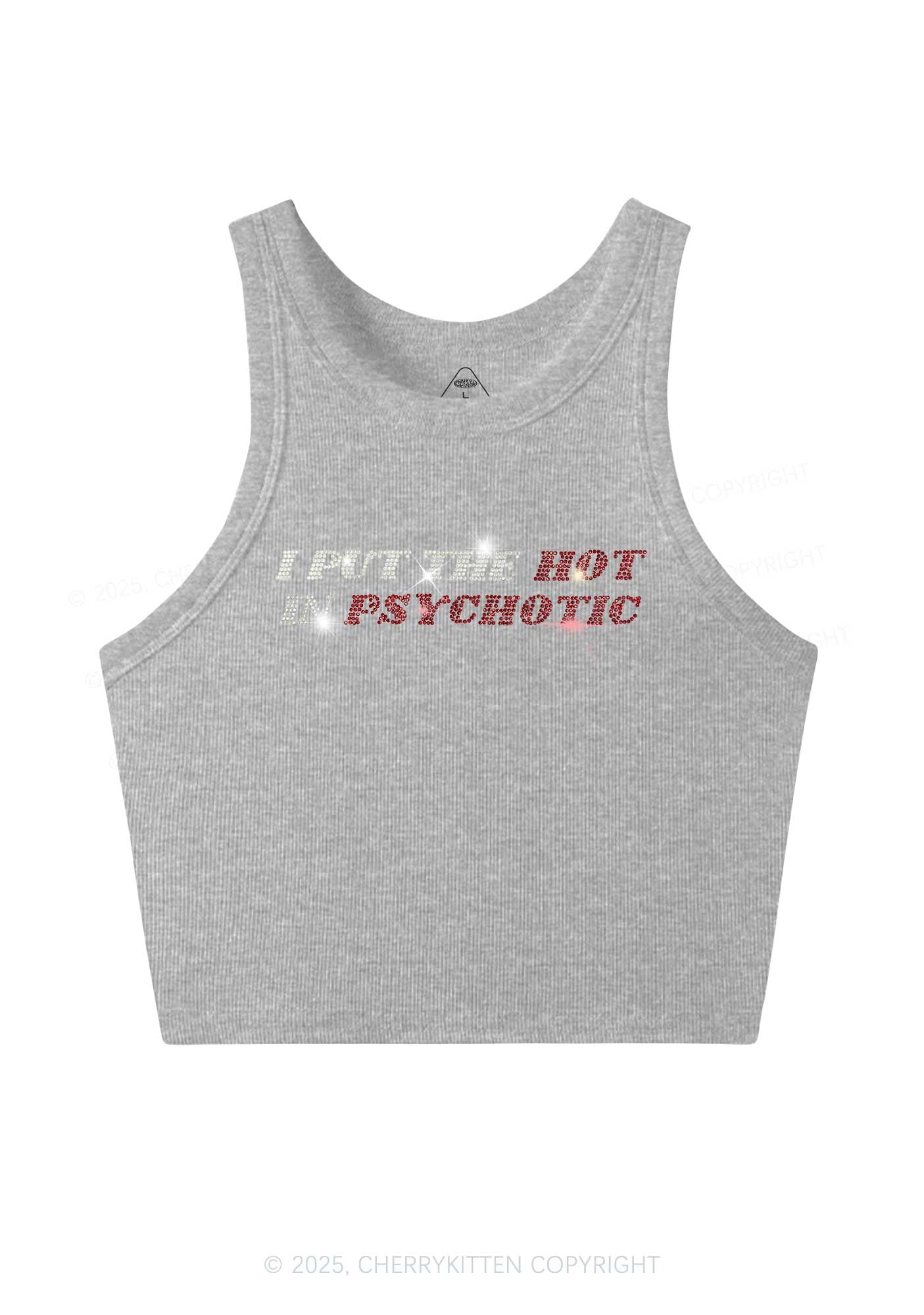 Rhinestone I Put The Hot In Psychotic Y2K Crop Tank Top Cherrykitten