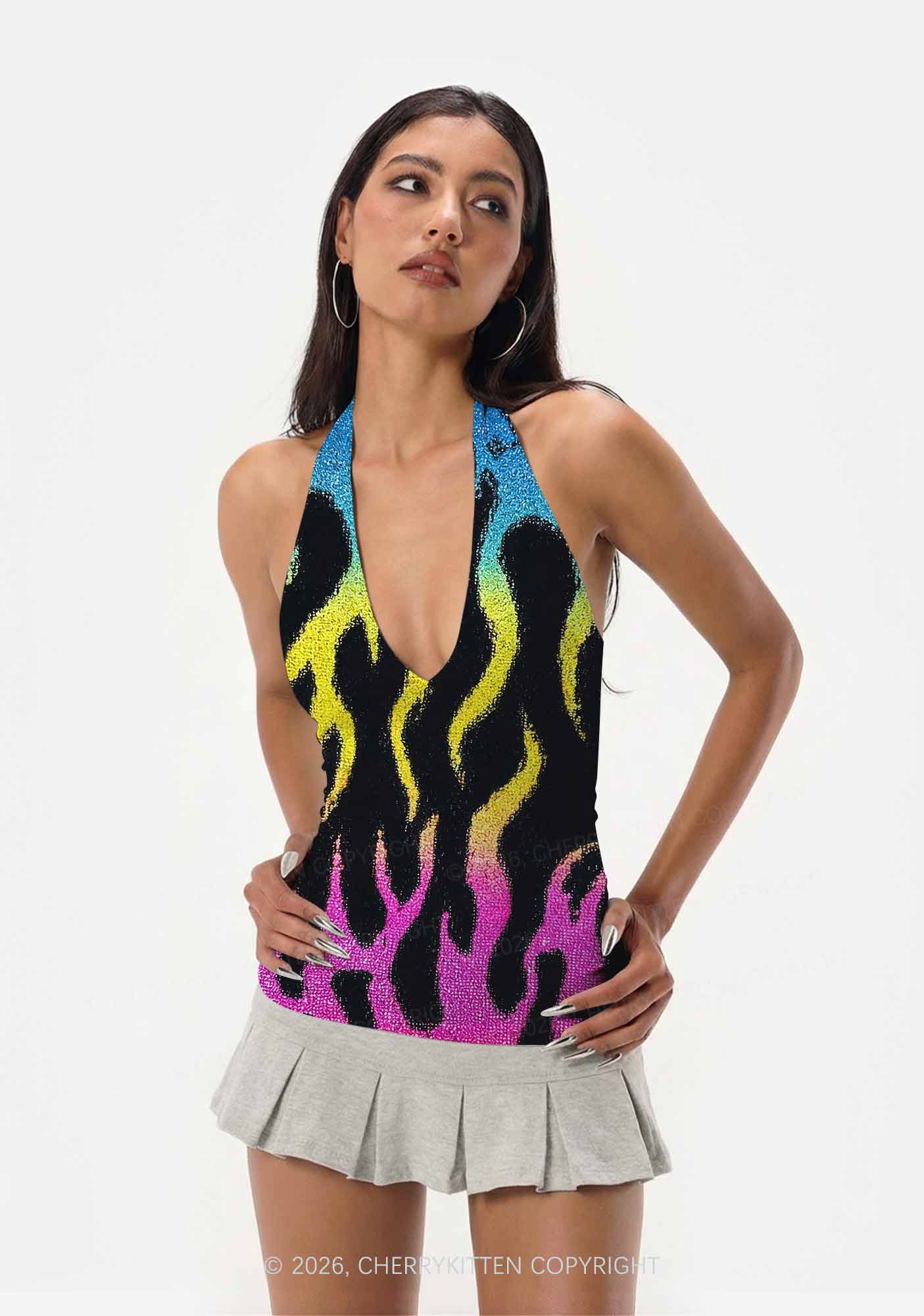 Pansexuality Flame Pride Y2K Print Halter Deep V Neck Cami Cherrykitten