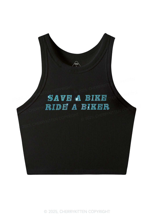 Rhinestone Save Bike Ride Biker Y2K Crop Tank Top Cherrykitten