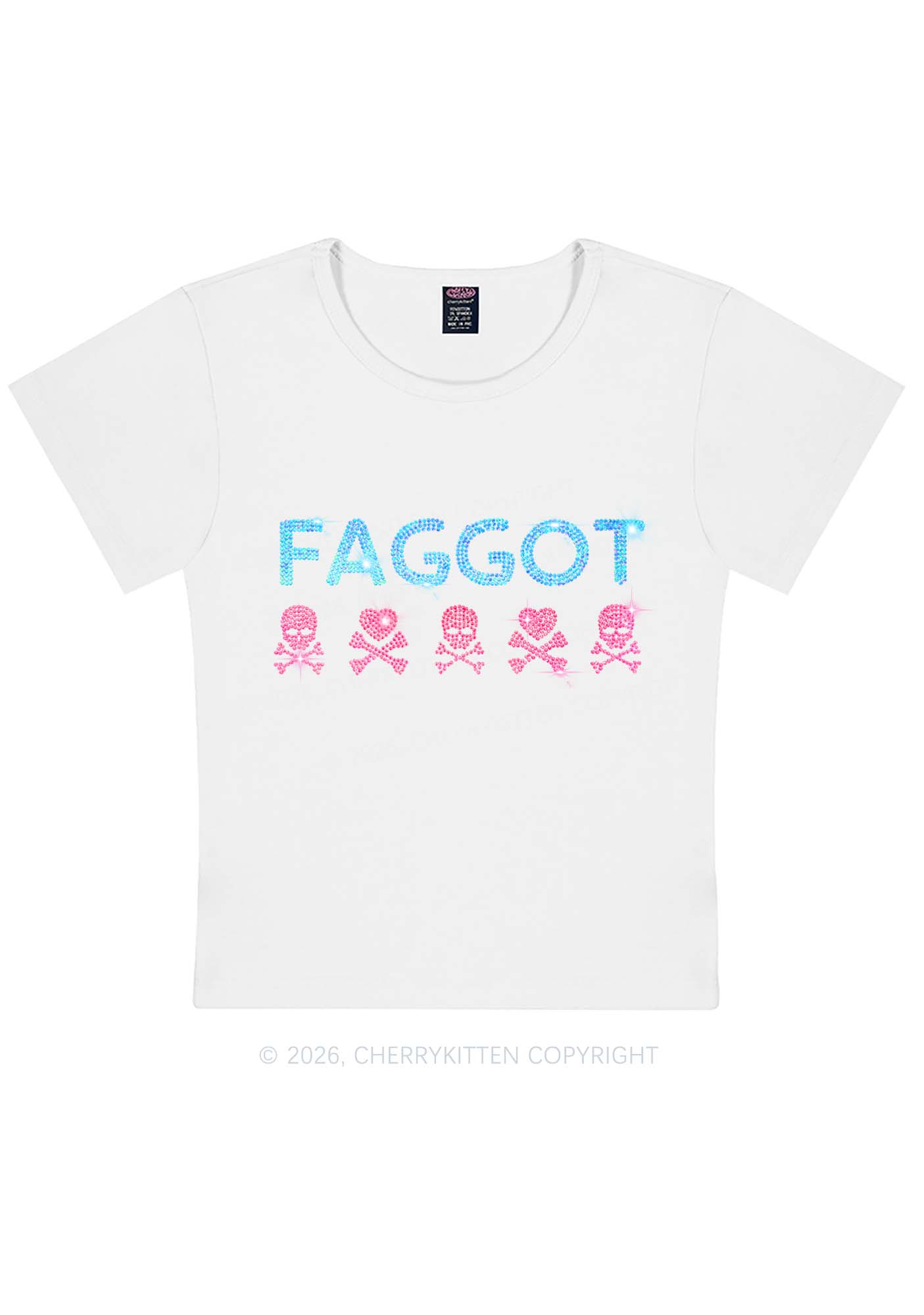Rhinestone Faggot Skull Pride Y2K Baby Tee Cherrykitten