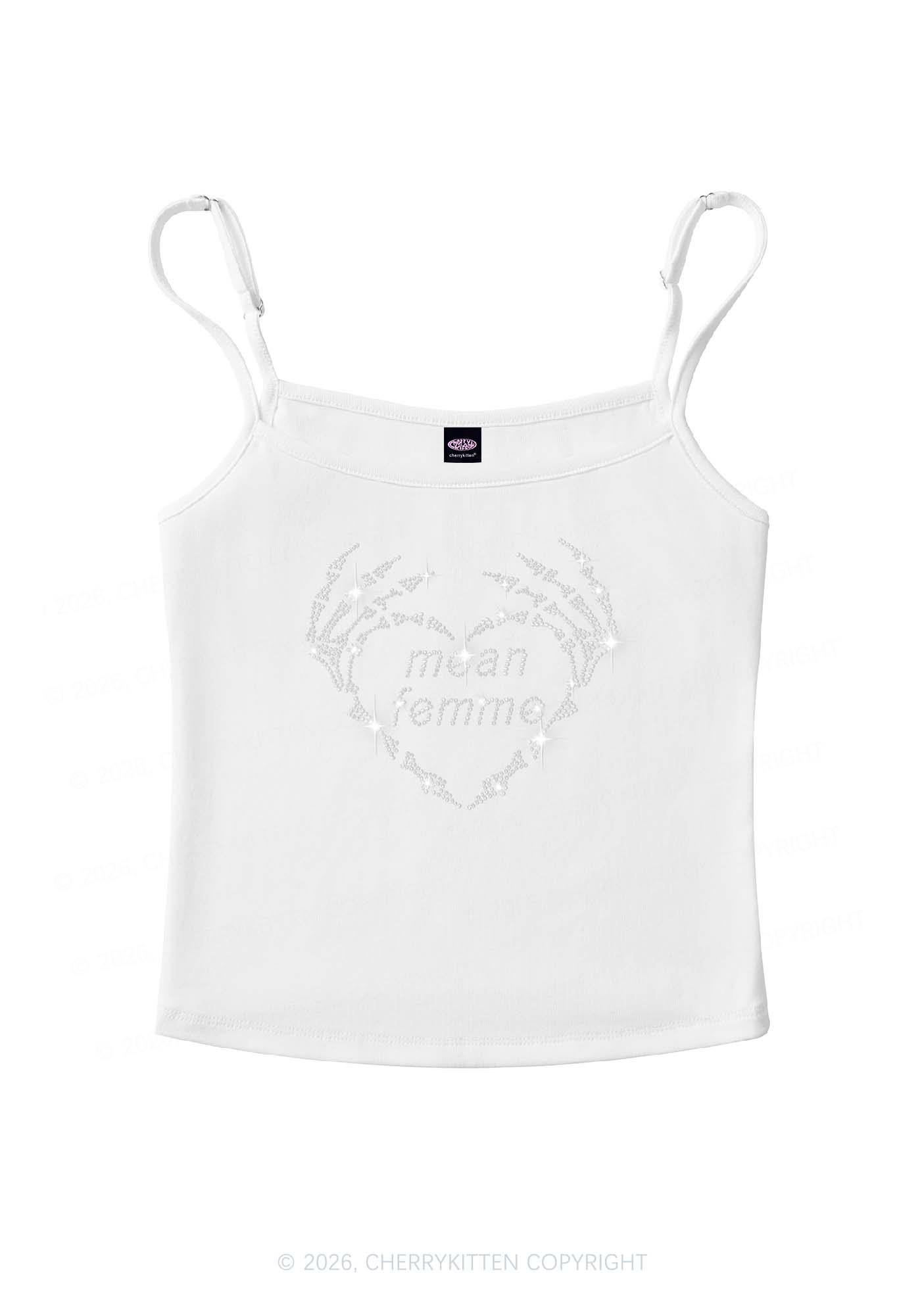 Rhinestone Mean Femme Skeleton Heart Pride Y2K Spaghetti Strap Cami Cherrykitten